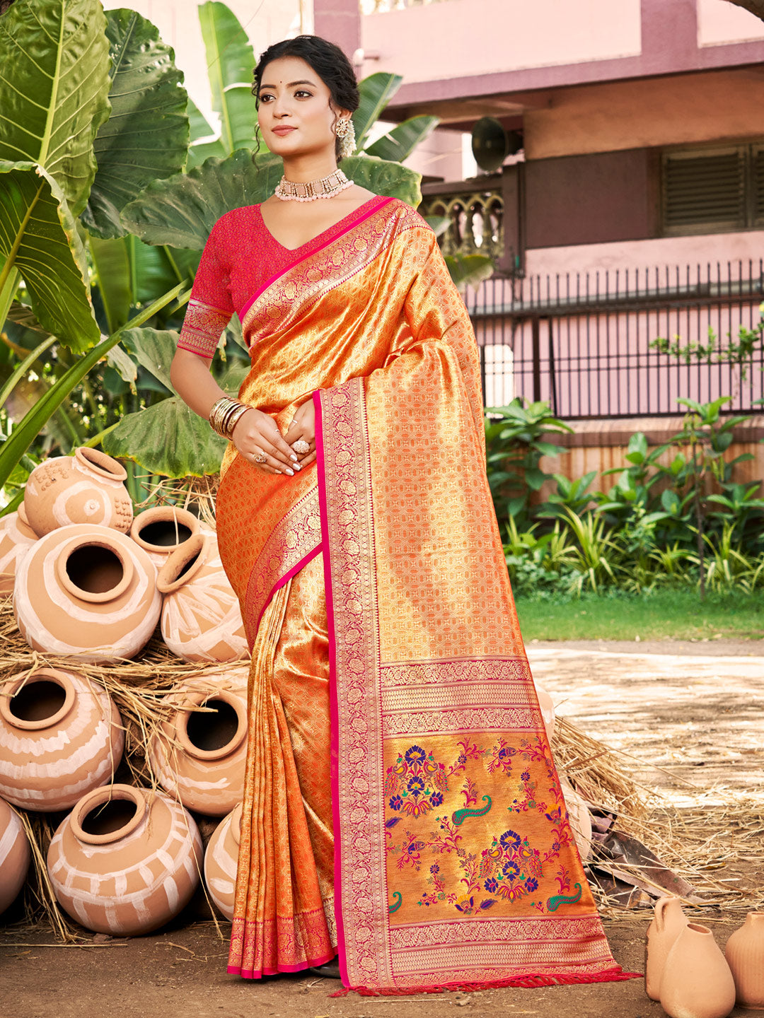 Sutriti Kanjivaram Silk Saree for Women Orange Wedding Wear with Red Blouse Rich Zari Woven Design Saree