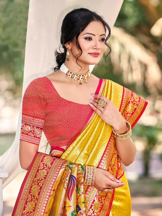 Sutriti Traditional Yellow Kanjivaram Silk Saree with Rich Red Border and Peacock Pallu Design