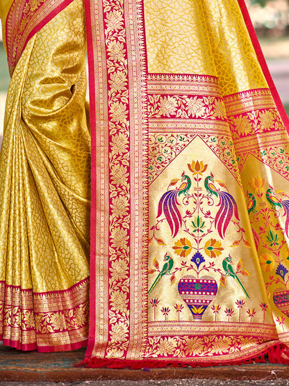 Sutriti Traditional Yellow Kanjivaram Silk Saree with Rich Red Border and Peacock Pallu Design