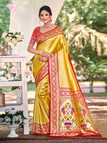 Sutriti Traditional Yellow Kanjivaram Silk Saree with Rich Red Border and Peacock Pallu Design
