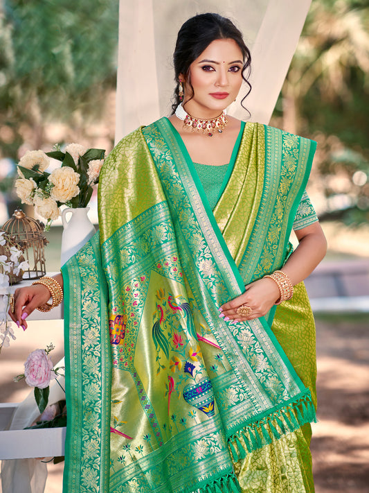 Sutriti Traditional Light Green Kanjivaram Silk Saree with Rich Red Border and Peacock Pallu Design
