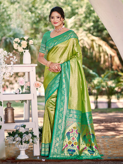 Sutriti Traditional Light Green Kanjivaram Silk Saree with Rich Red Border and Peacock Pallu Design