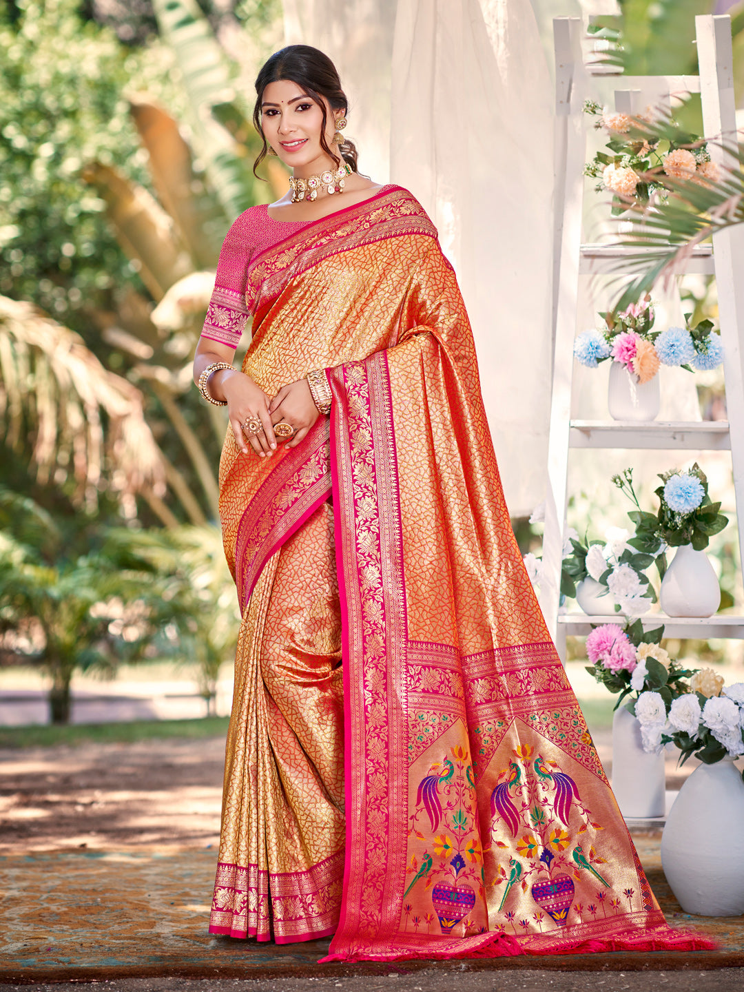 Sutriti Traditional Orange Kanjivaram Silk Saree with Rich Red Border and Peacock Pallu Design