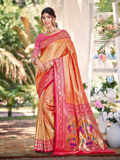 Sutriti Traditional Orange Kanjivaram Silk Saree with Rich Red Border and Peacock Pallu Design