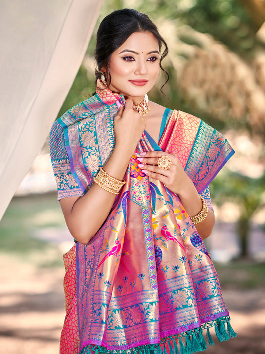 Sutriti Traditional Peach Kanjivaram Silk Saree with Rich Red Border and Peacock Pallu Design