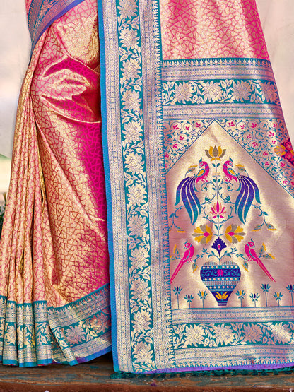 Sutriti Traditional Peach Kanjivaram Silk Saree with Rich Red Border and Peacock Pallu Design