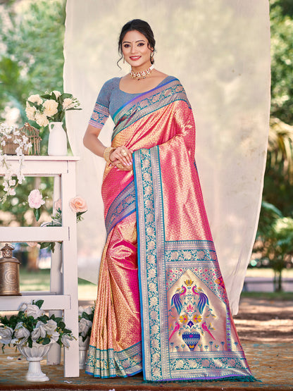 Sutriti Traditional Peach Kanjivaram Silk Saree with Rich Red Border and Peacock Pallu Design