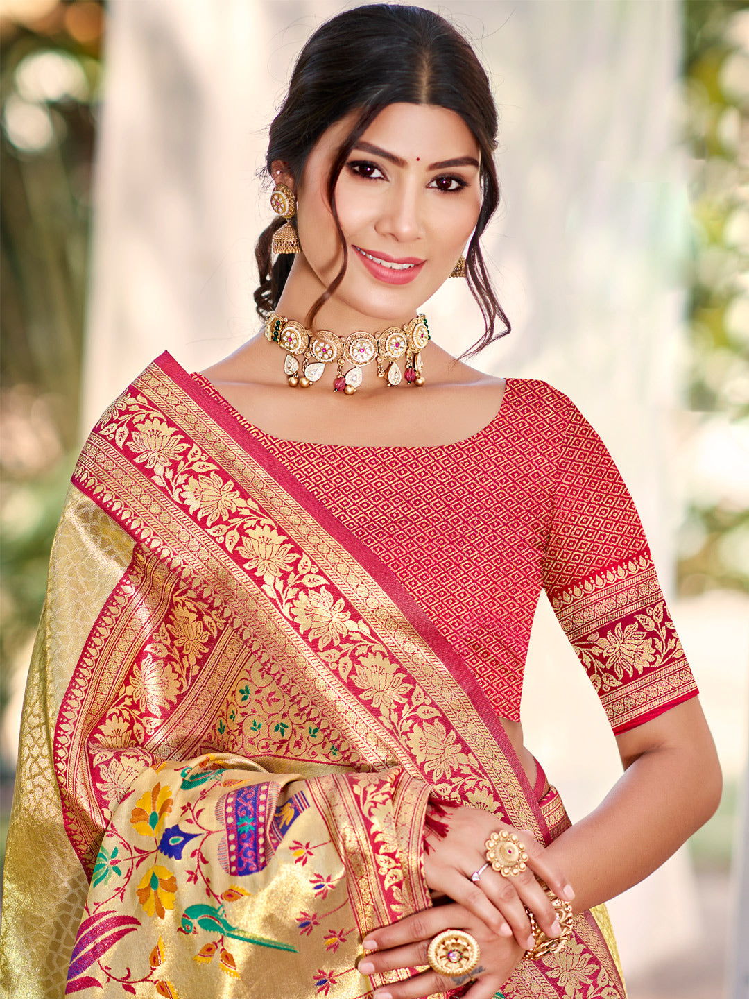 Sutriti Traditional Cream Kanjivaram Silk Saree with Rich Red Border and Peacock Pallu Design