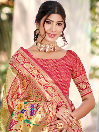 Sutriti Traditional Cream Kanjivaram Silk Saree with Rich Red Border and Peacock Pallu Design