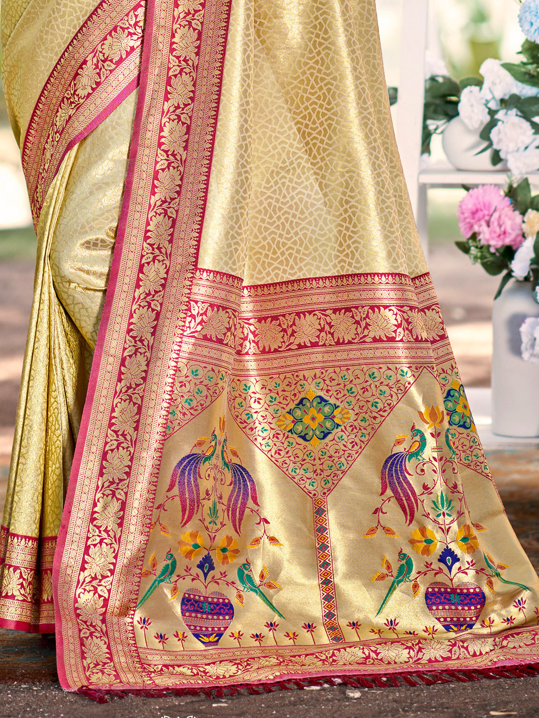 Sutriti Traditional Cream Kanjivaram Silk Saree with Rich Red Border and Peacock Pallu Design