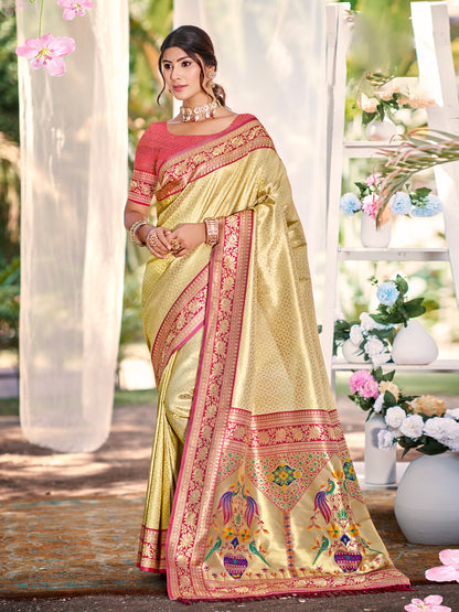 Sutriti Traditional Cream Kanjivaram Silk Saree with Rich Red Border and Peacock Pallu Design