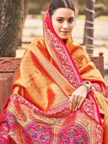 Sutriti Traditional Kanjivaram Silk Saree in Orange with Grand Zari Pallu and Matching Blouse
