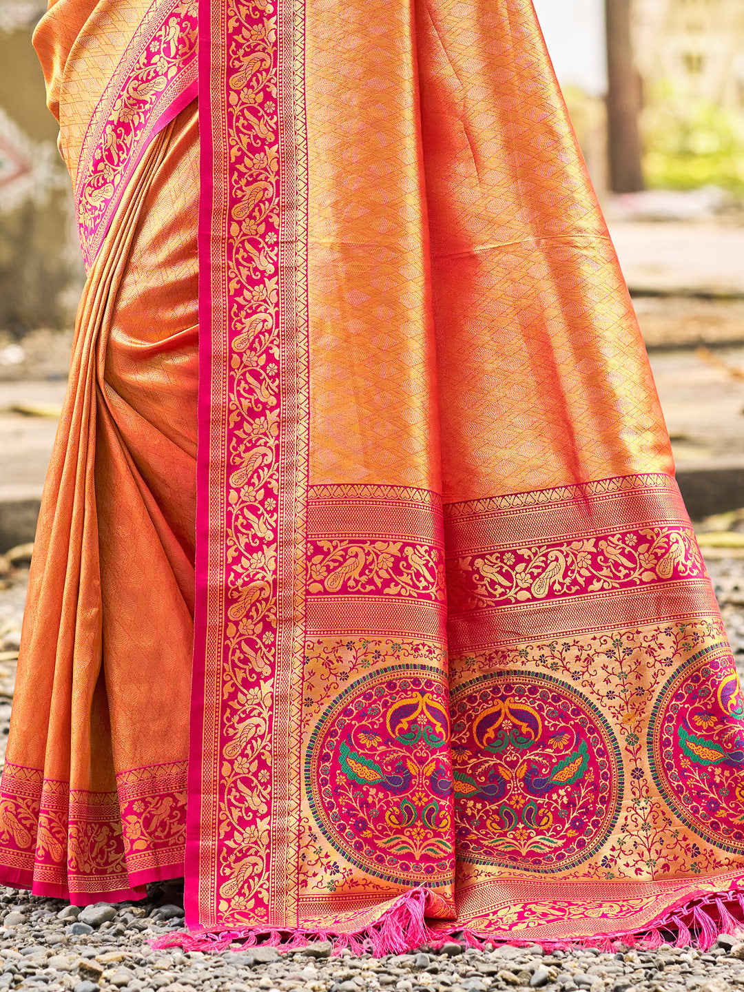 Sutriti Traditional Kanjivaram Silk Saree in Orange with Grand Zari Pallu and Matching Blouse