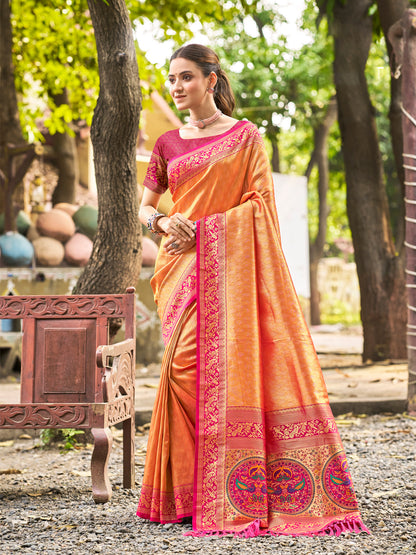 Sutriti Traditional Kanjivaram Silk Saree in Orange with Grand Zari Pallu and Matching Blouse