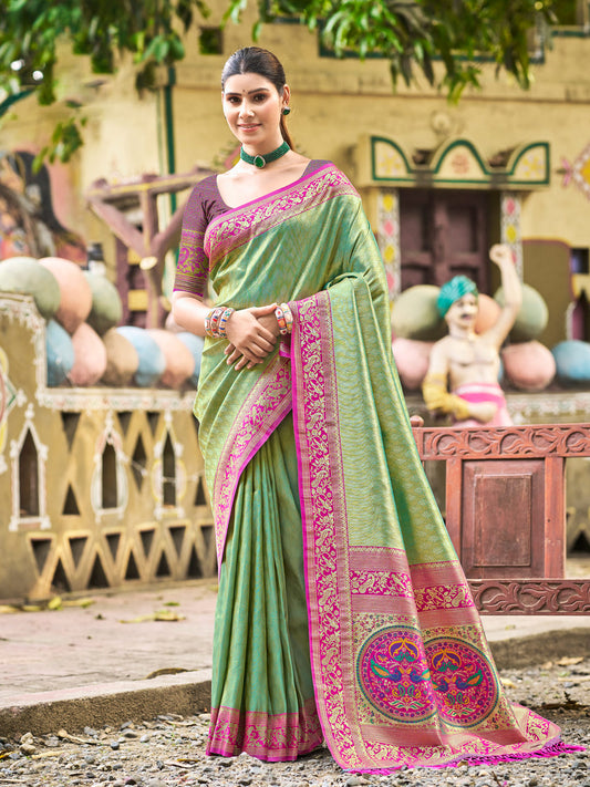 Sutriti Traditional Kanjivaram Silk Saree in Green with Grand Zari Pallu and Matching Blouse