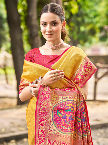 Sutriti Traditional Kanjivaram Silk Saree in Yellow with Grand Zari Pallu and Matching Blouse