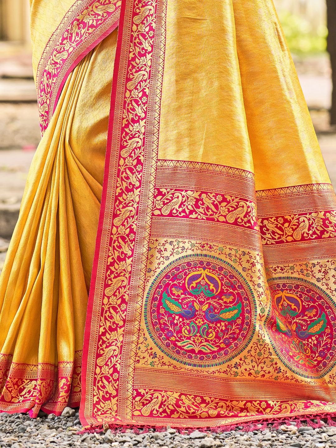 Sutriti Traditional Kanjivaram Silk Saree in Yellow with Grand Zari Pallu and Matching Blouse