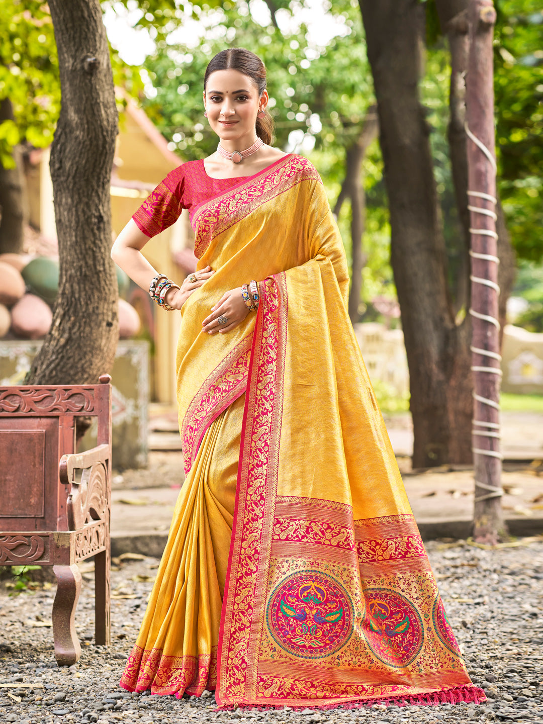 Sutriti Traditional Kanjivaram Silk Saree in Yellow with Grand Zari Pallu and Matching Blouse