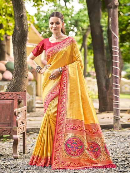 Sutriti Traditional Kanjivaram Silk Saree in Yellow with Grand Zari Pallu and Matching Blouse