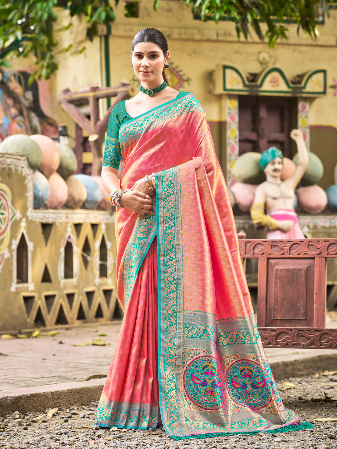 Sutriti Traditional Kanjivaram Silk Saree in Peach with Grand Zari Pallu and Matching Blouse
