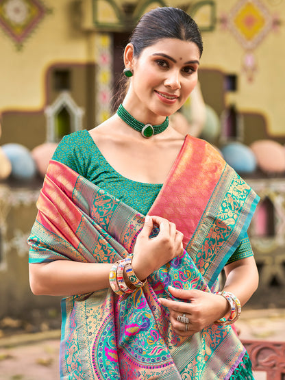 Sutriti Traditional Kanjivaram Silk Saree in Peach with Grand Zari Pallu and Matching Blouse