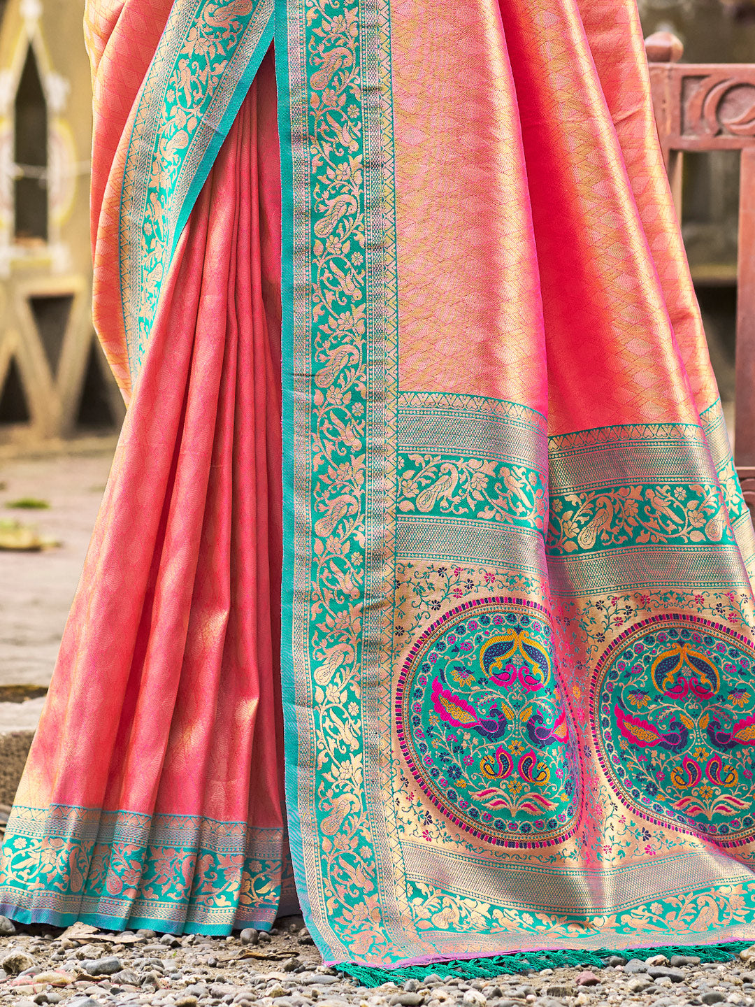 Sutriti Traditional Kanjivaram Silk Saree in Peach with Grand Zari Pallu and Matching Blouse
