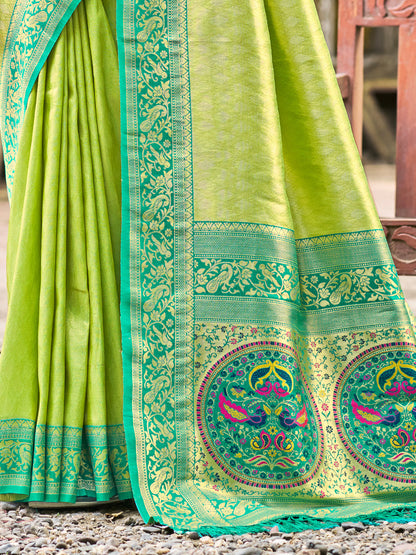 Sutriti Traditional Kanjivaram Silk Saree in Light Green with Grand Zari Pallu and Matching Blouse