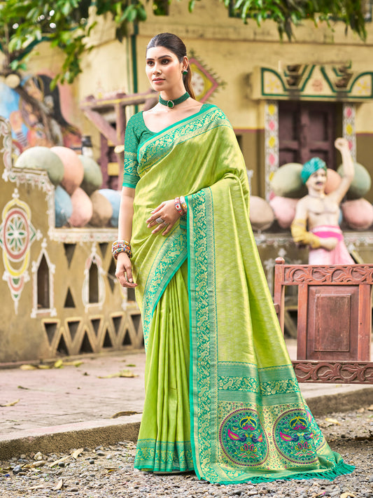 Sutriti Traditional Kanjivaram Silk Saree in Light Green with Grand Zari Pallu and Matching Blouse