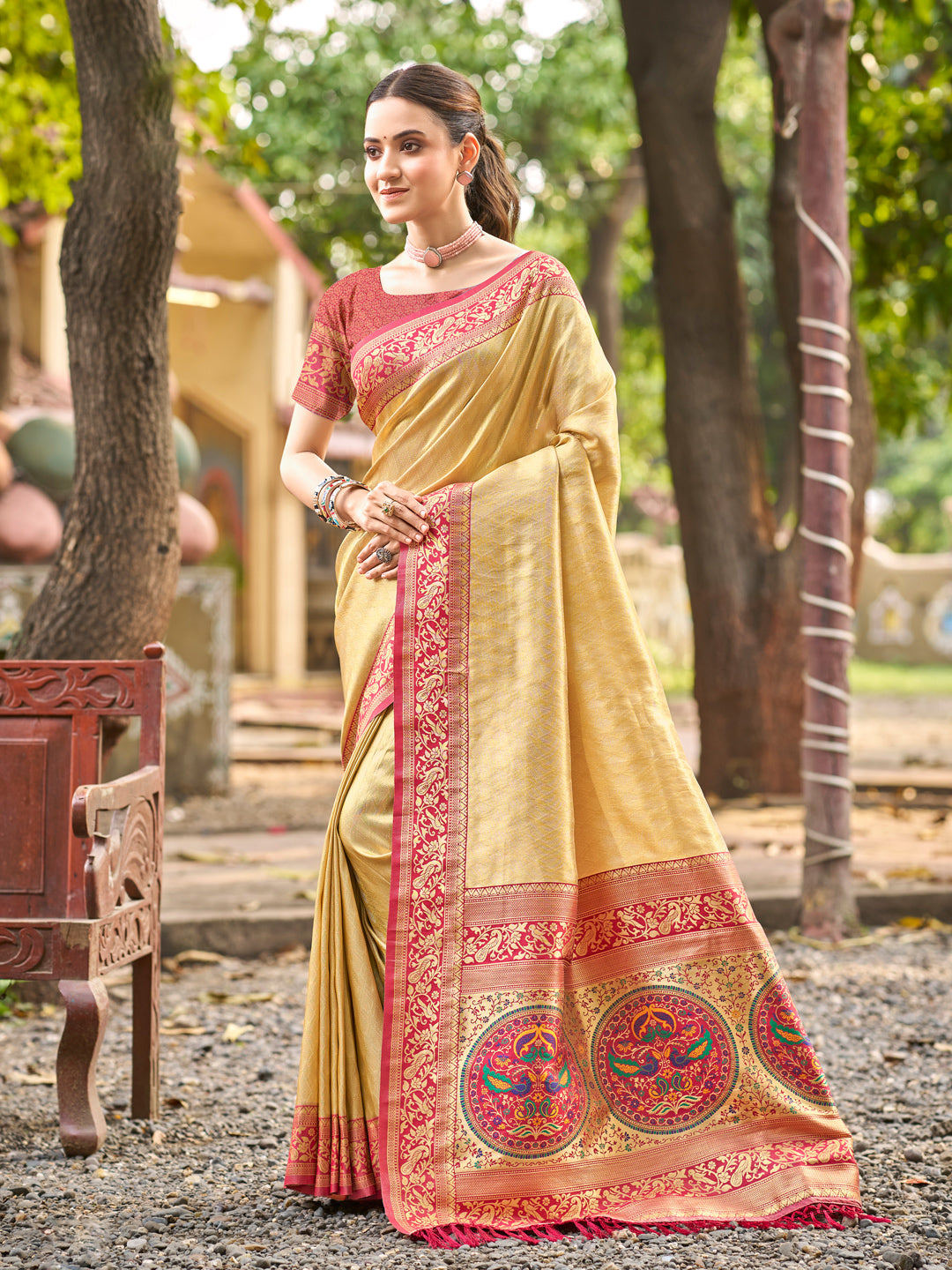 Sutriti Traditional Kanjivaram Silk Saree in Cream with Grand Zari Pallu and Matching Blouse