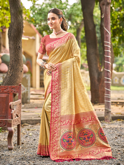 Sutriti Traditional Kanjivaram Silk Saree in Cream with Grand Zari Pallu and Matching Blouse