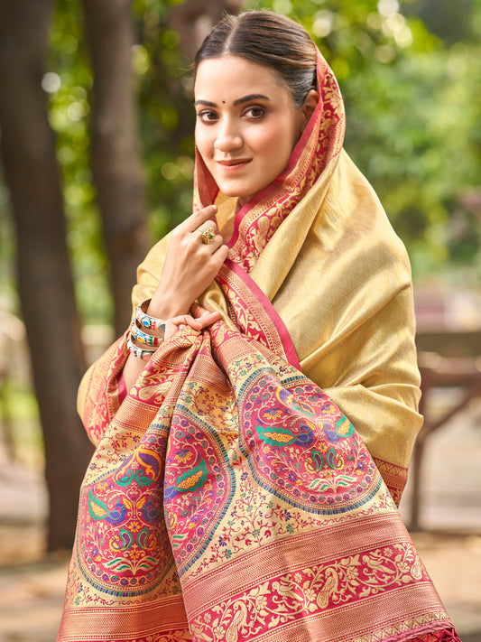 Sutriti Traditional Kanjivaram Silk Saree in Cream with Grand Zari Pallu and Matching Blouse