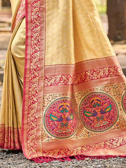 Sutriti Traditional Kanjivaram Silk Saree in Cream with Grand Zari Pallu and Matching Blouse