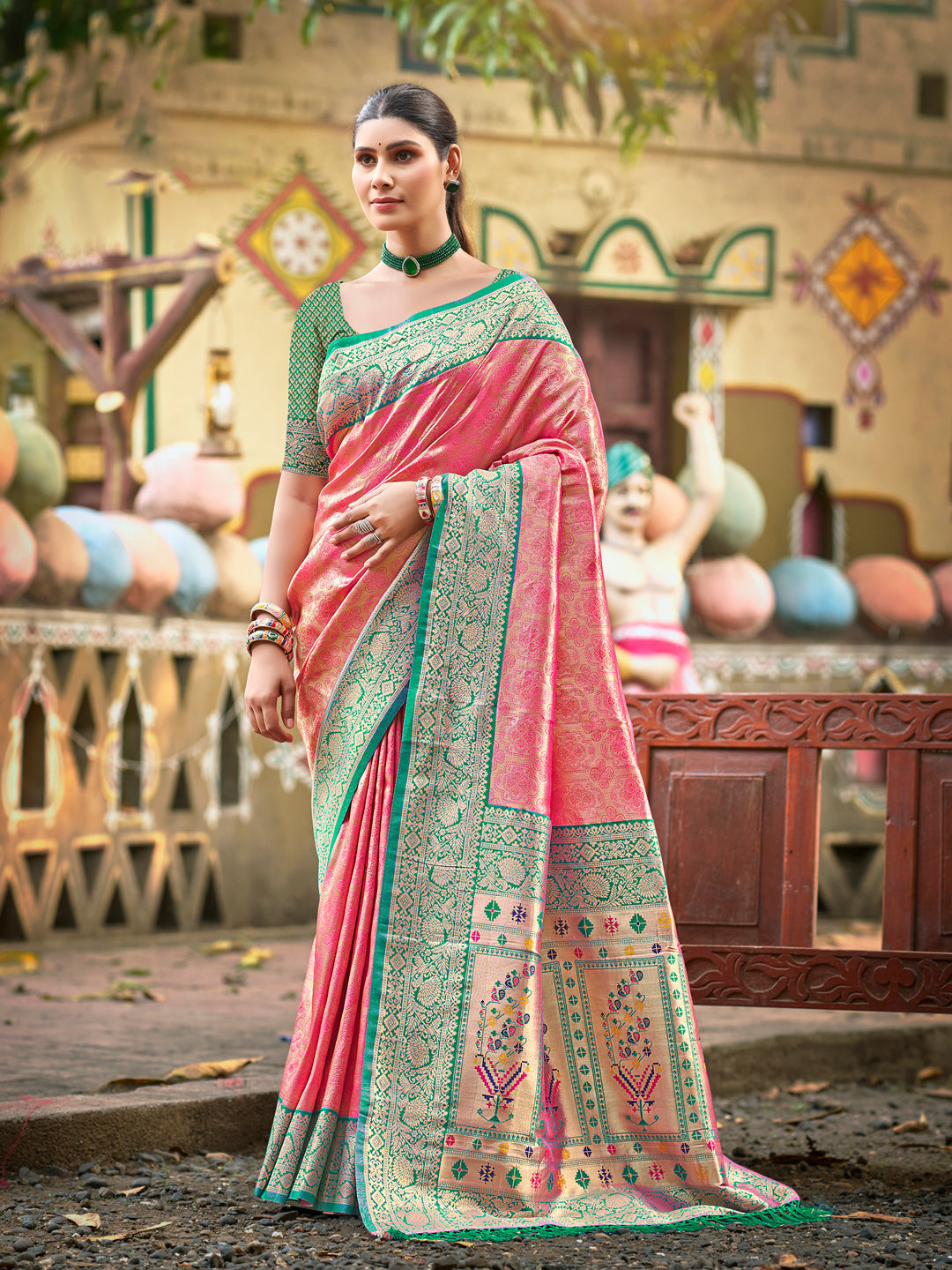 Sutriti Traditional Kanjivaram Silk Saree in Pink with Grand Zari Pallu and Matching Blouse