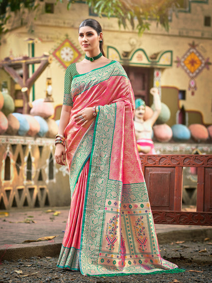 Sutriti Traditional Kanjivaram Silk Saree in Pink with Grand Zari Pallu and Matching Blouse