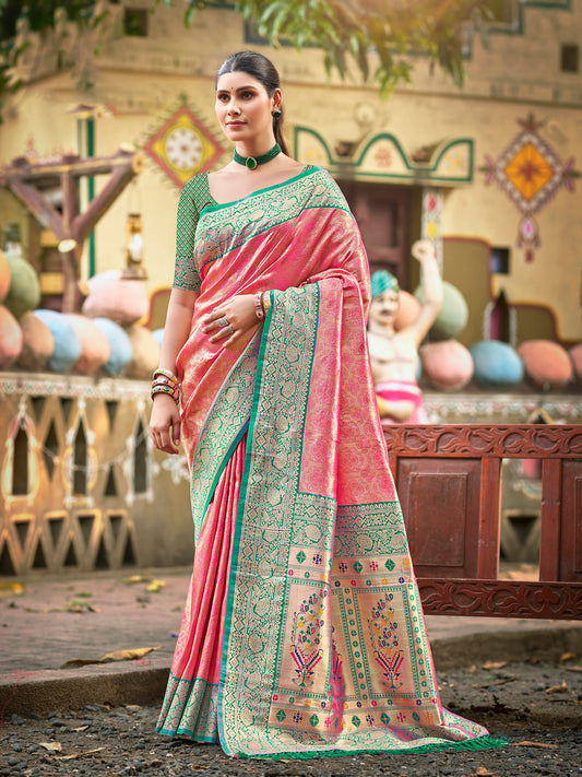 Sutriti Traditional Kanjivaram Silk Saree in Pink with Grand Zari Pallu and Matching Blouse