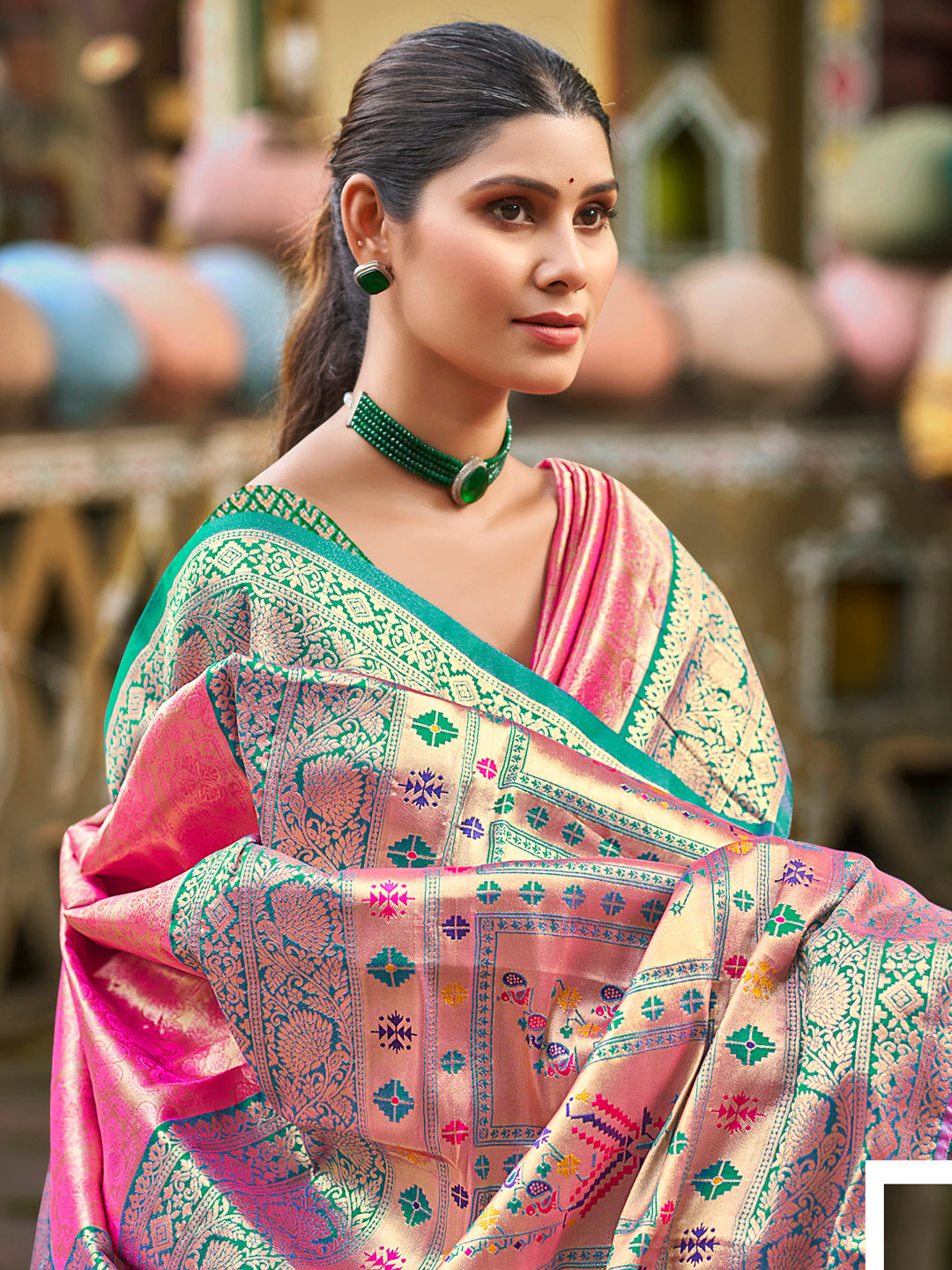 Sutriti Traditional Kanjivaram Silk Saree in Pink with Grand Zari Pallu and Matching Blouse