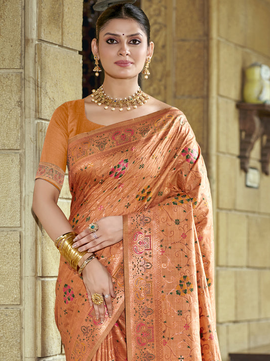 Sutriti Peach Banarasi Silk Saree with Golden Zari & Multicolor Weaving | Wedding & Festive Wear