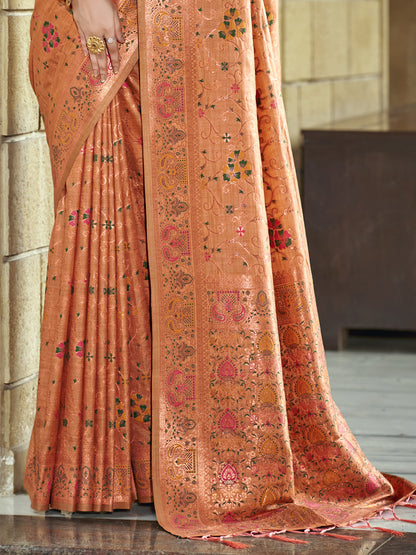 Sutriti Peach Banarasi Silk Saree with Golden Zari & Multicolor Weaving | Wedding & Festive Wear