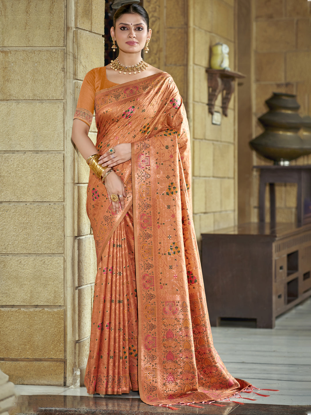 Sutriti Peach Banarasi Silk Saree with Golden Zari & Multicolor Weaving | Wedding & Festive Wear