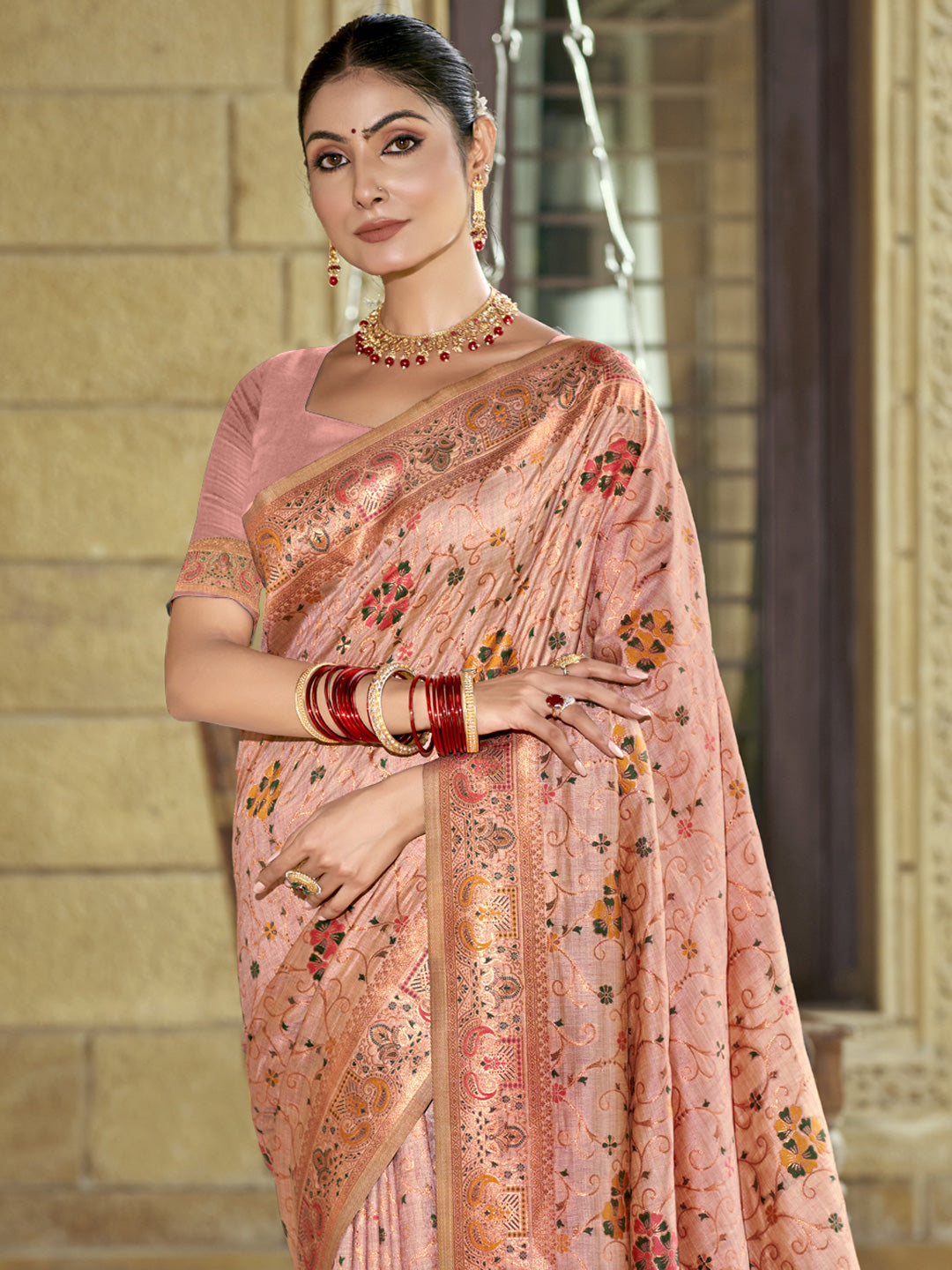 Sutriti Pink Banarasi Silk Saree with Golden Zari & Multicolor Weaving | Wedding & Festive Wear