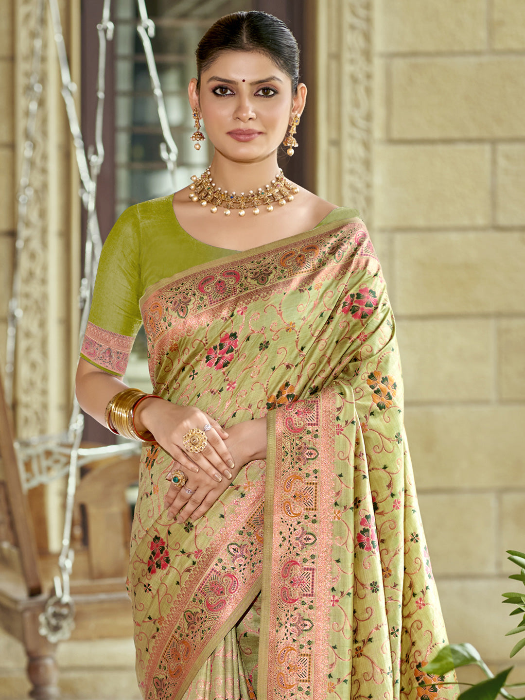 Sutriti Light Green Banarasi Silk Saree with Golden Zari & Multicolor Weaving | Wedding & Festive Wear