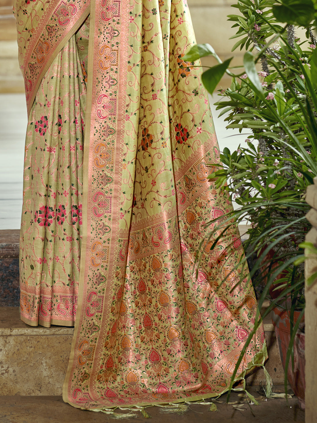 Sutriti Light Green Banarasi Silk Saree with Golden Zari & Multicolor Weaving | Wedding & Festive Wear