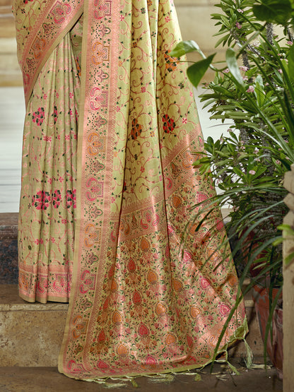 Sutriti Light Green Banarasi Silk Saree with Golden Zari & Multicolor Weaving | Wedding & Festive Wear