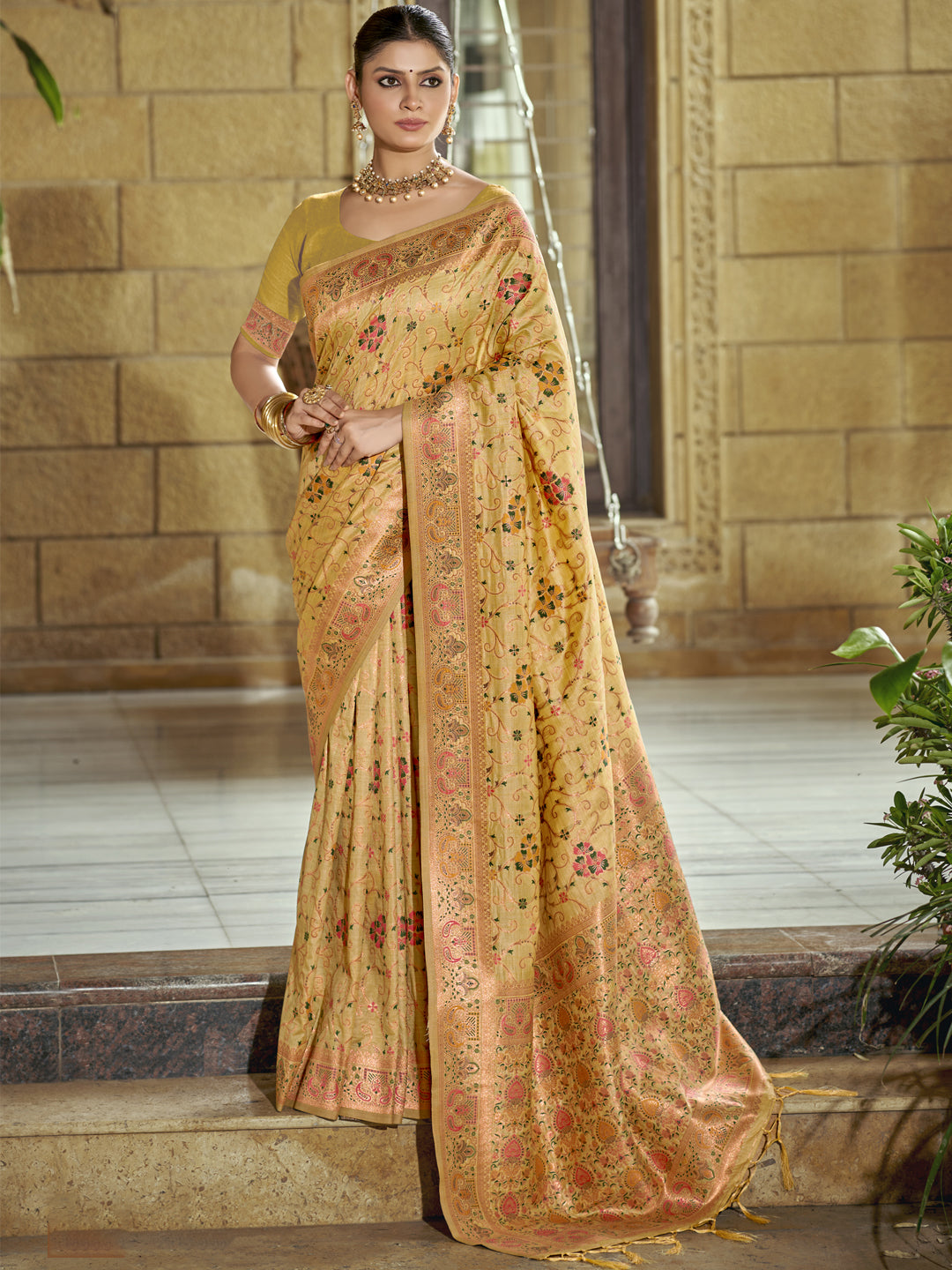 Sutriti Gold Banarasi Silk Saree with Golden Zari & Multicolor Weaving | Wedding & Festive Wear