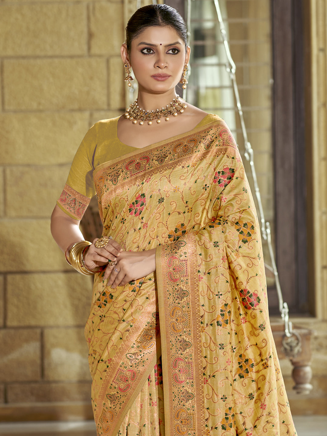 Sutriti Gold Banarasi Silk Saree with Golden Zari & Multicolor Weaving | Wedding & Festive Wear