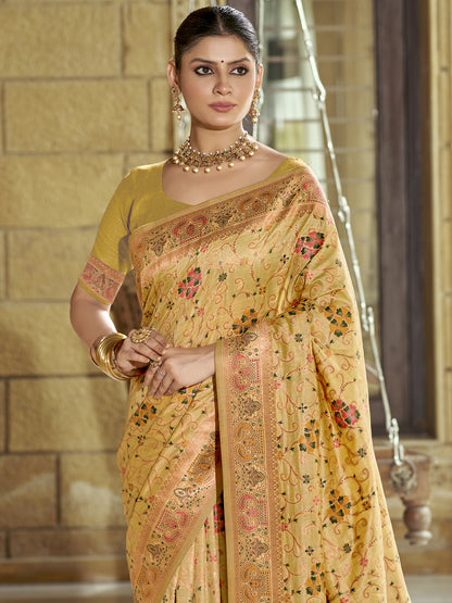 Sutriti Gold Banarasi Silk Saree with Golden Zari & Multicolor Weaving | Wedding & Festive Wear