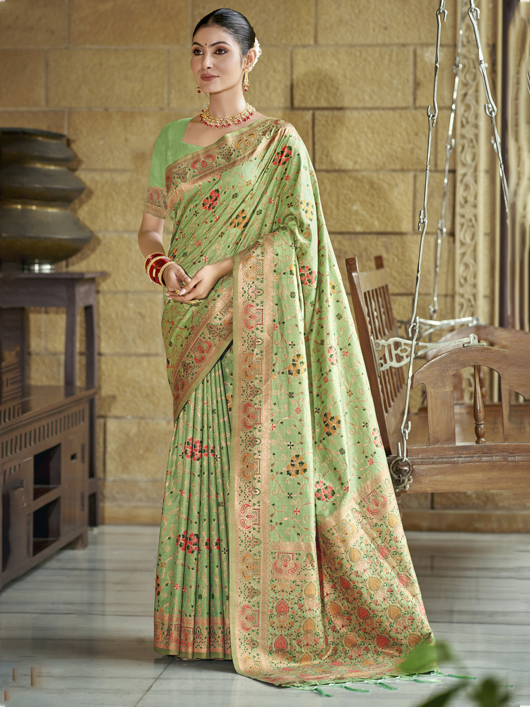 Sutriti Pista Green Banarasi Silk Saree with Golden Zari & Multicolor Weaving | Wedding & Festive Wear
