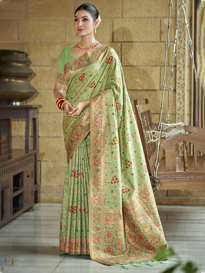 Sutriti Pista Green Banarasi Silk Saree with Golden Zari & Multicolor Weaving | Wedding & Festive Wear