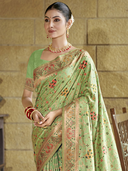 Sutriti Pista Green Banarasi Silk Saree with Golden Zari & Multicolor Weaving | Wedding & Festive Wear