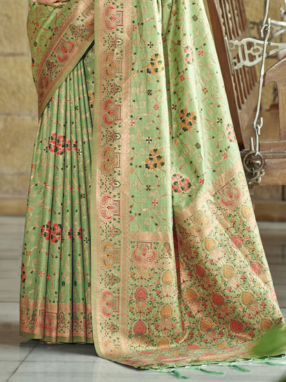 Sutriti Pista Green Banarasi Silk Saree with Golden Zari & Multicolor Weaving | Wedding & Festive Wear